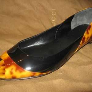 GUCCI Leather Open Peep Toe Tortoise Ballerina Flat Shoes